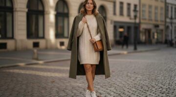 vrouw met wollen jurkje en sneakers