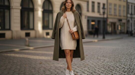 vrouw met wollen jurkje en sneakers