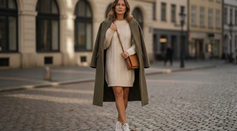 vrouw met wollen jurkje en sneakers